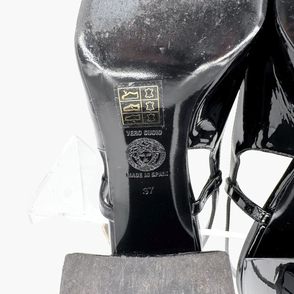 Versace Medusa Slingback Pumps Size 37 US 7 Black Patent Leather Block Heel - Picture 13 of 14